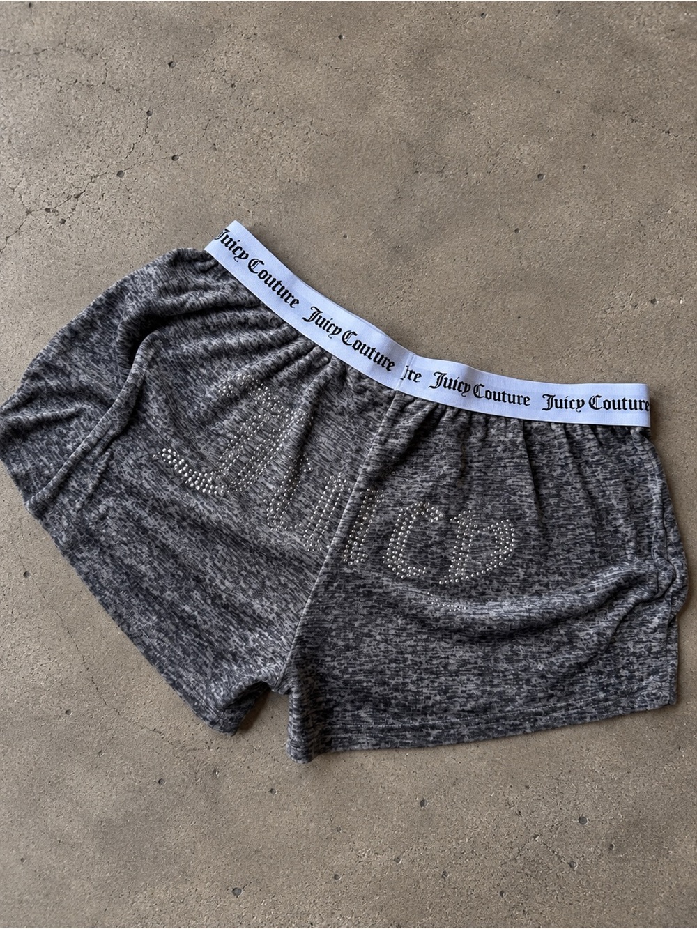 Juicy Couture Gray Knit Lounge Shorts with Logo Waistband and Rhinestones